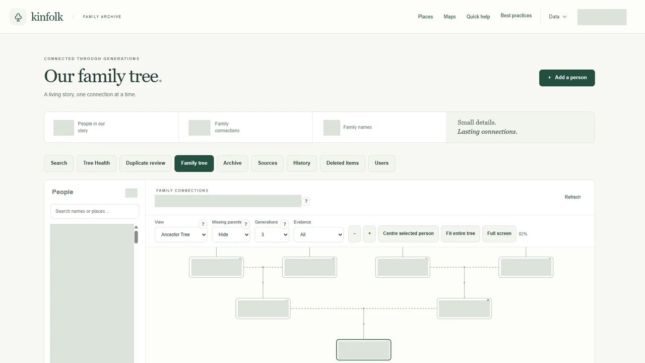 Capture de l’interface de Kinfolk avec les informations familiales masquées.